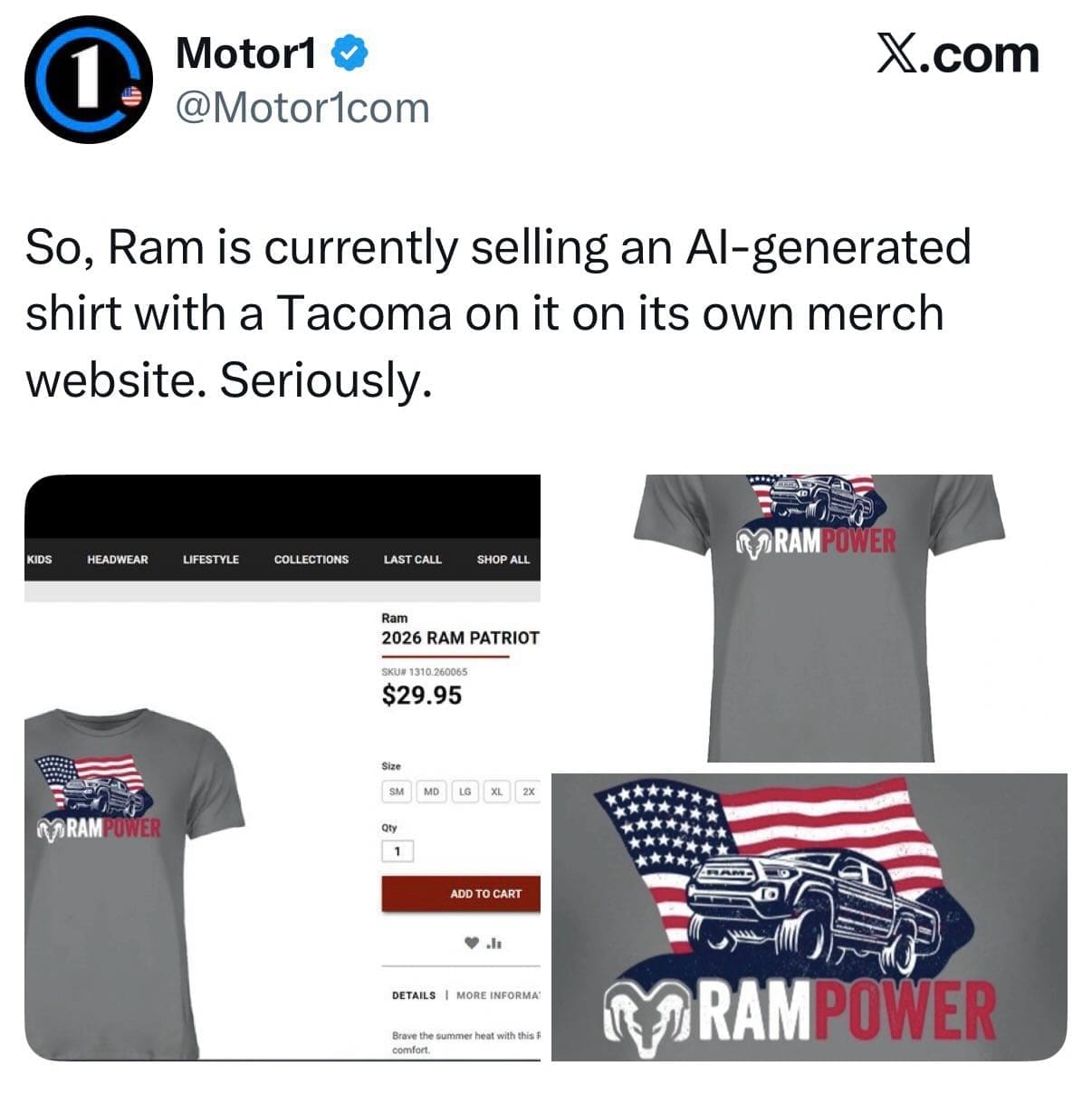 Screenshot of an official Ram merchandise t-shirt accidentally featuring an AI-generated Toyota Tacoma truck graphic.