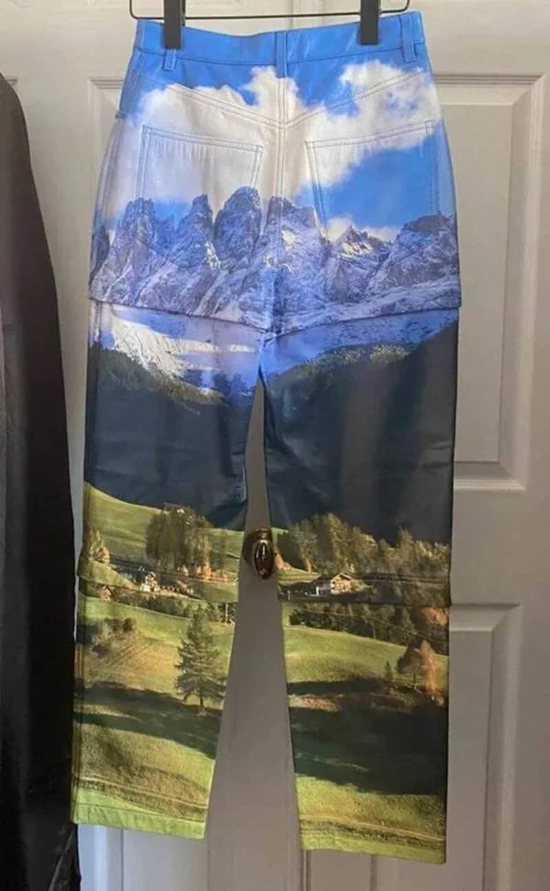 A pair of pants printed with a landscape panorama of mountains, green fields, and sky.