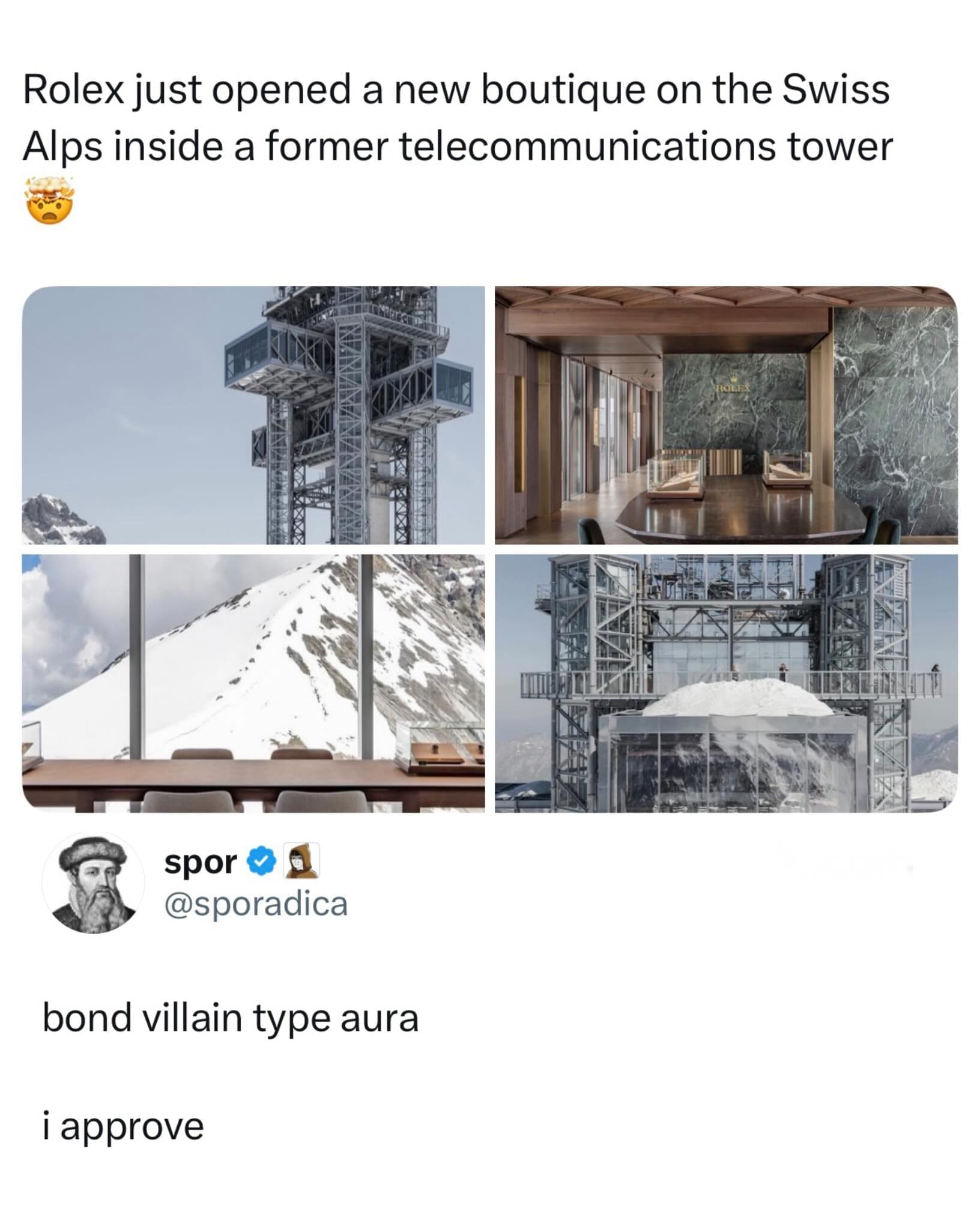 Social media post showing a luxury Rolex boutique inside a former telecommunications tower in the Swiss Alps.