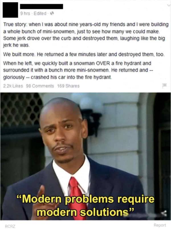 Dave Chappelle meme paired with a story about hiding a fire hydrant inside a snowman.