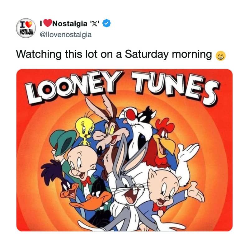 Classic orange title card of Looney Tunes characters gathered together smiling inside concentric circles.