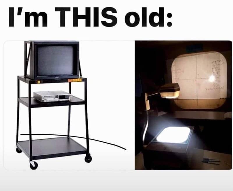 Side-by-side images of a retro classroom TV cart and a glowing overhead document projector.