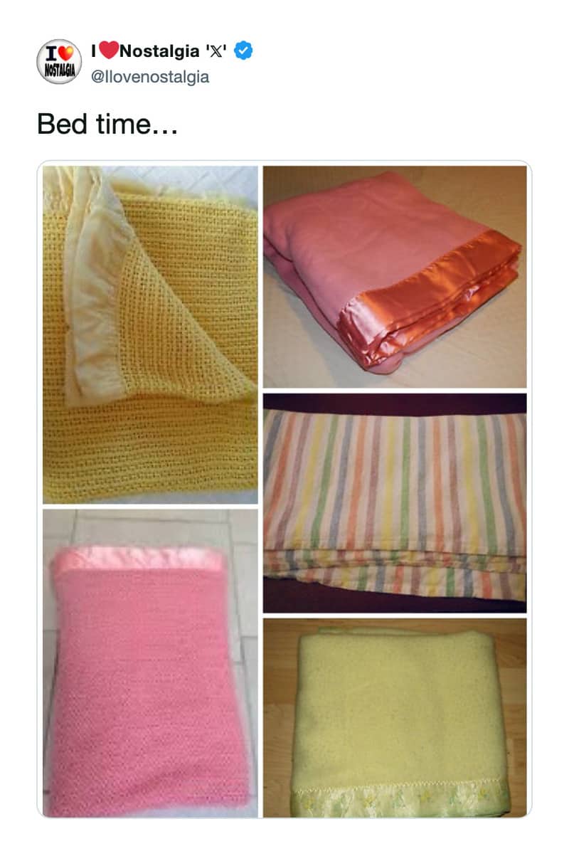 Collage of five different vintage acrylic knit blankets featuring pastel colors and shiny satin borders.