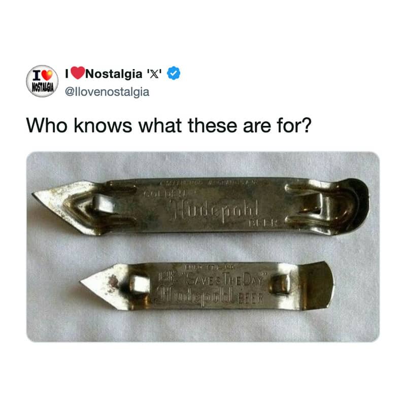 Two vintage silver metal church key style can openers stamped with Hudepohl beer branding.
