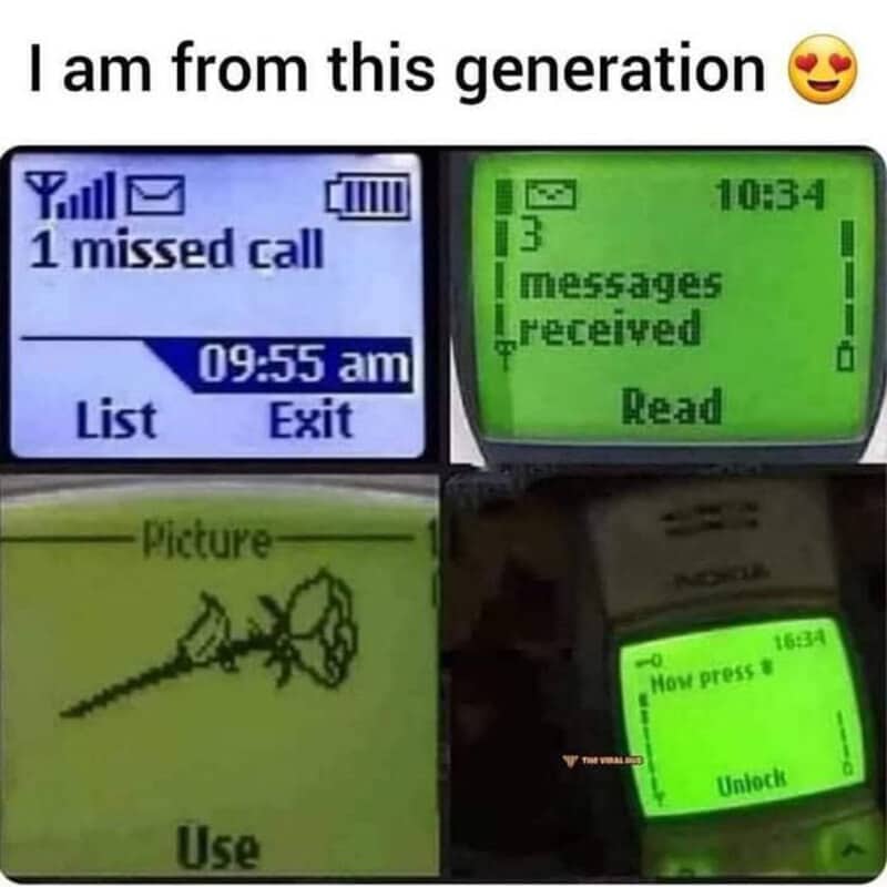 Four panel layout of classic green monochrome Nokia cell phone screens displaying text messages.
