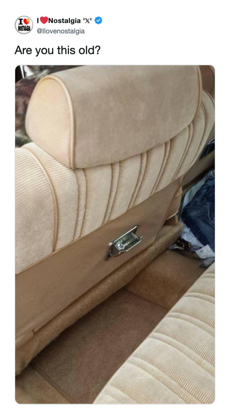 Interior view of a plush tan velour car seat featuring a built-in chrome ash tray.