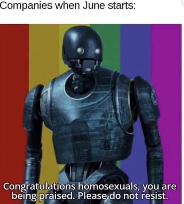 A corporate satire pride meme featuring the dark metal imperial security droid K-2SO from Star Wars against a bright rainbow flag backdrop, subtitled with the robotic command: "Congratulations homosexuals, you are being praised. Please do not resist."