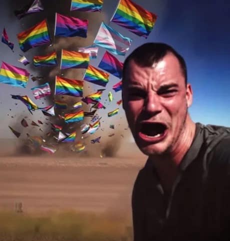 A chaotic visual in a trending pride meme features a man screaming in terror as a massive, swirling meteorological tornado packed entirely with flying rainbow, transgender, bisexual, and pansexual pride flags sweeps across the landscape behind him.