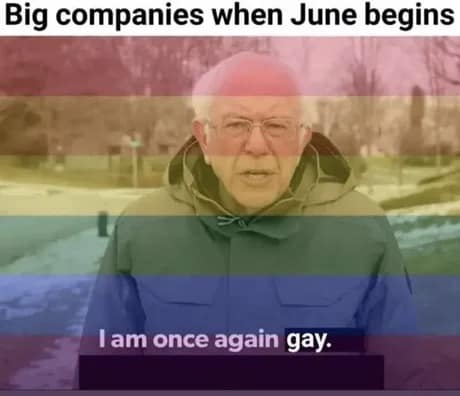 A political campaign template repurposed as a corporate pride month meme, displaying a rainbow flag filter over a screenshot of Bernie Sanders with altered text subtitles reading, "I am once again gay."