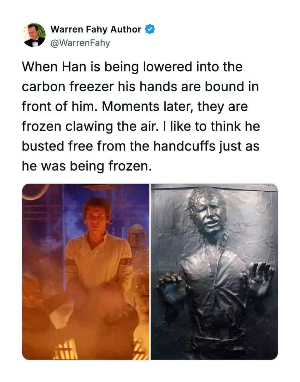 Screenshot analysis highlighting Han Solo's changing hand positions before and after being frozen in carbonite.