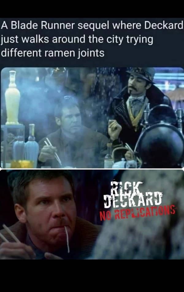 Movie stills of Harrison Ford eating noodles with a text concept for a Blade Runner sequel.