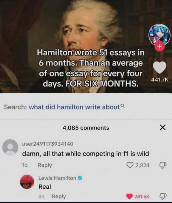 Social media comments mistaking Alexander Hamilton for F1 driver Lewis Hamilton with a verification checkmark reply.