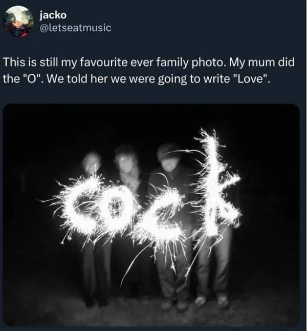 Long exposure sparkler photo spells out a rude word instead of the intended message.