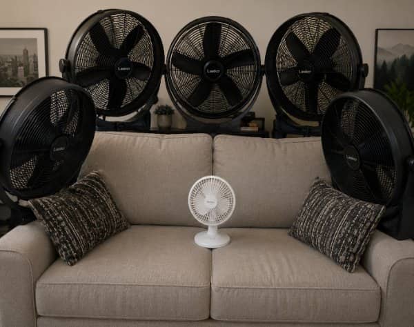 Five large black industrial fans surrounding one tiny white desk fan sitting on a couch.