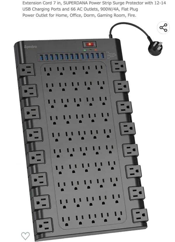 A massive surge protector power strip containing dozens of outlets with the product word fire.