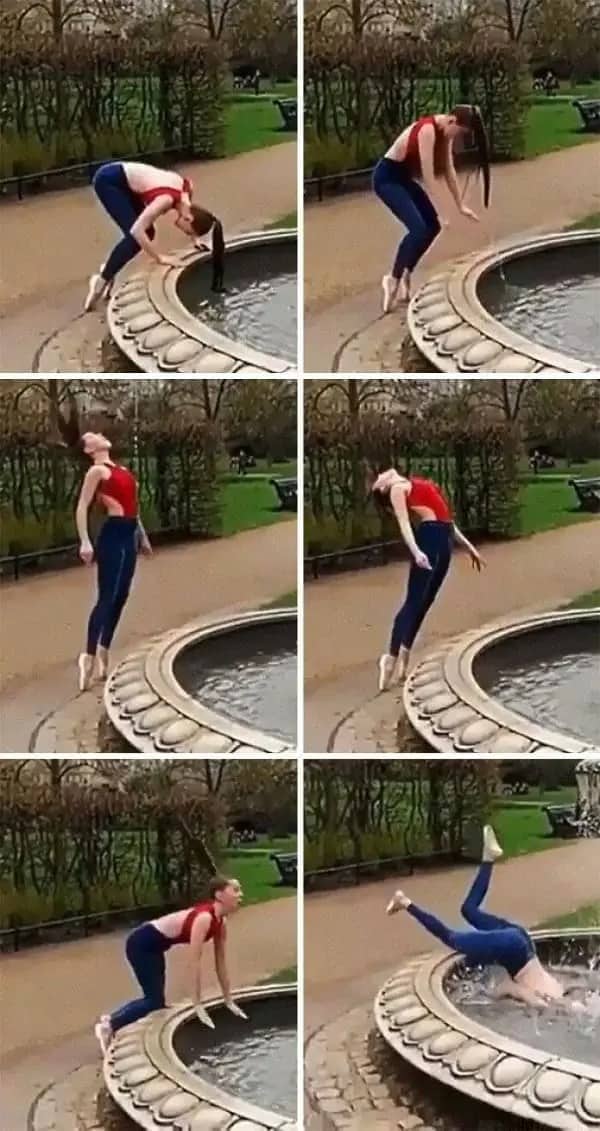 Six-panel sequence of a woman attempting a dramatic hair flip on a fountain ledge and falling backward.