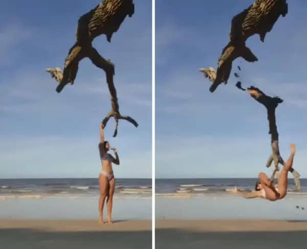 Side-by-side images showing a woman hanging from a beach tree branch that snaps completely.