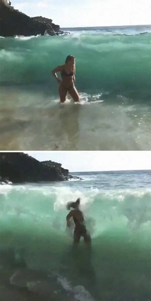 Two-panel image of a woman posing in the surf right before a massive wave crushes her.