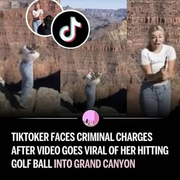 News graphic about a TikTok user facing charges for hitting a golf ball into the Grand Canyon.