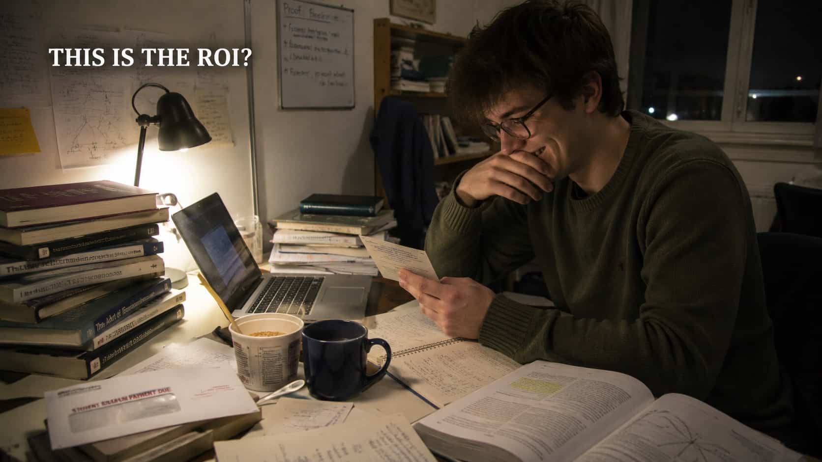 Tired student laughing at late-night paperwork while studying at desk with books and laptop.