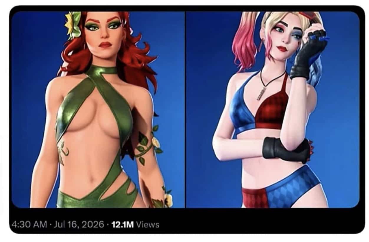 Fortnite character skins showing Poison Ivy and Harley Quinn in green and red outfits.
