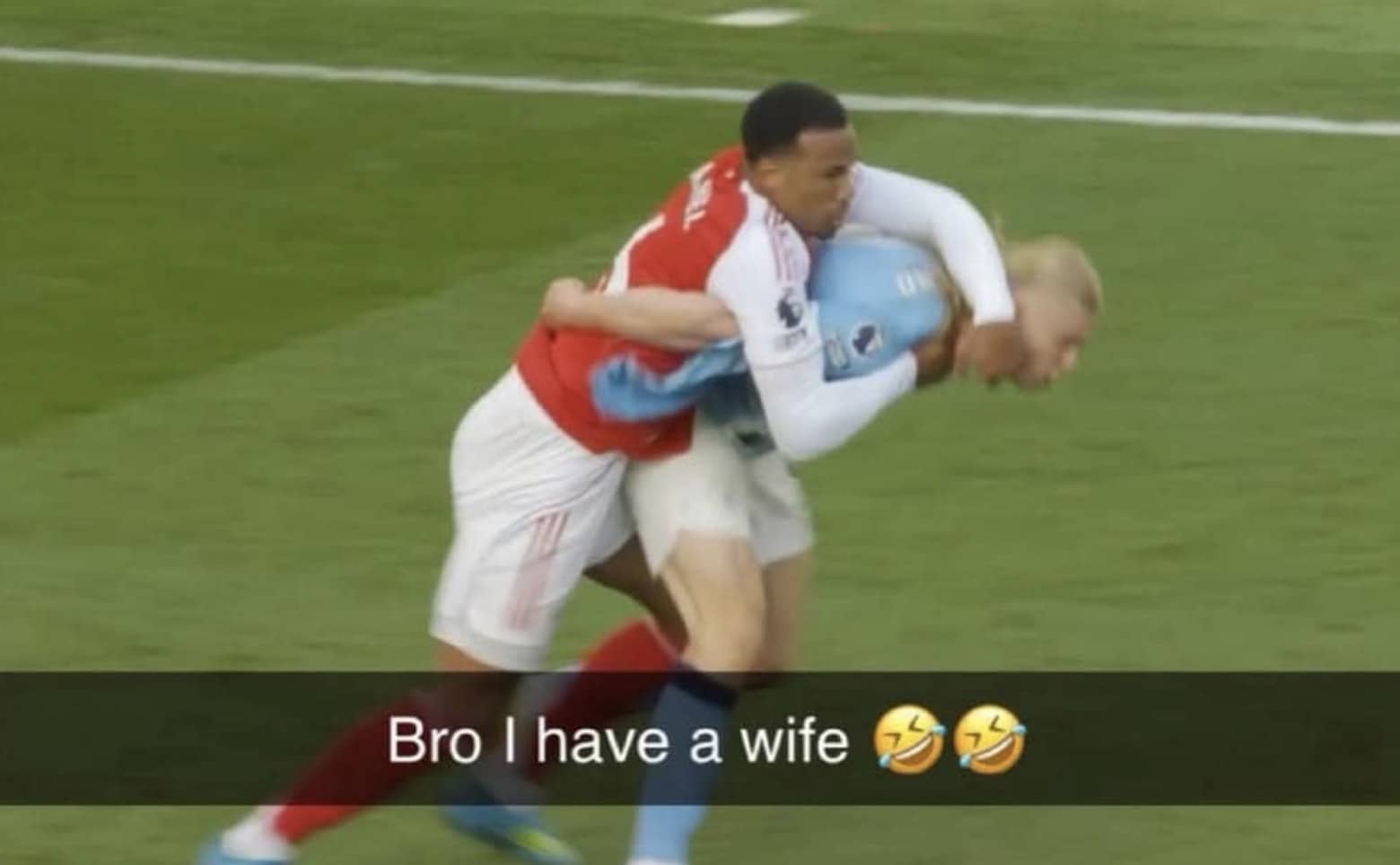 Alt Text: Arsenal football player tackling Manchester City player Erling Haaland from behind with a humorous caption.