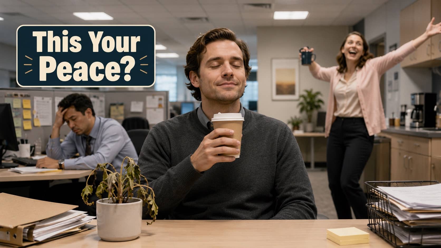 Man peacefully drinking coffee in chaotic office with text overlay asking this your peace.