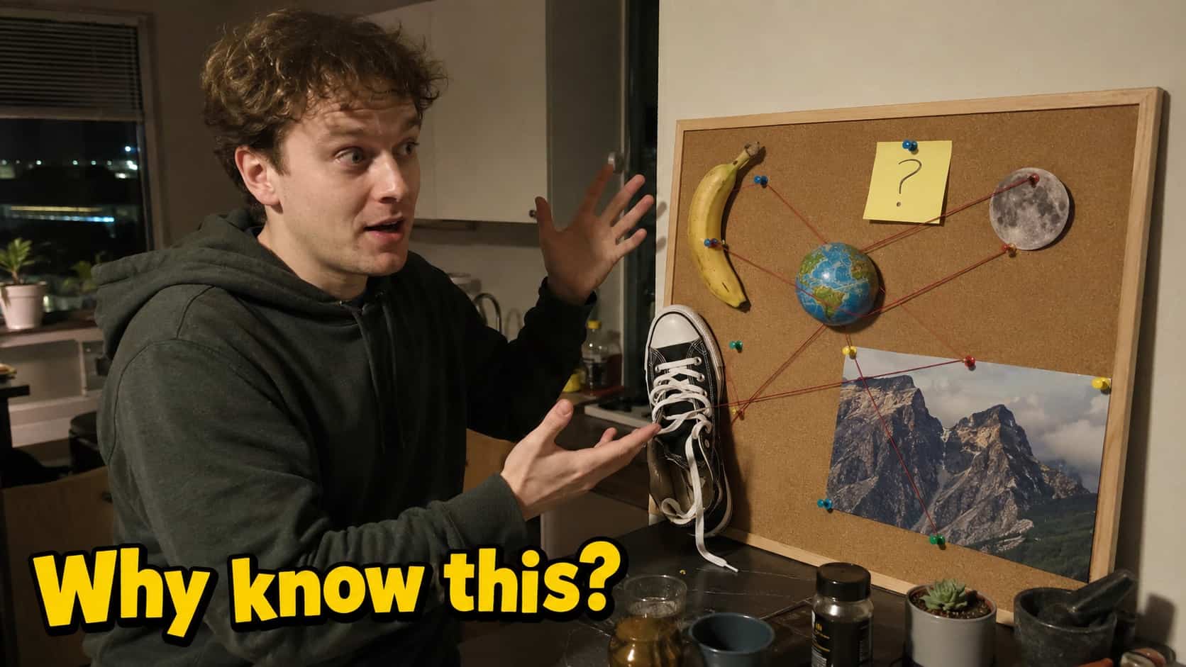 Expressive man gesturing near corkboard with random objects illustrating random useless facts meme.