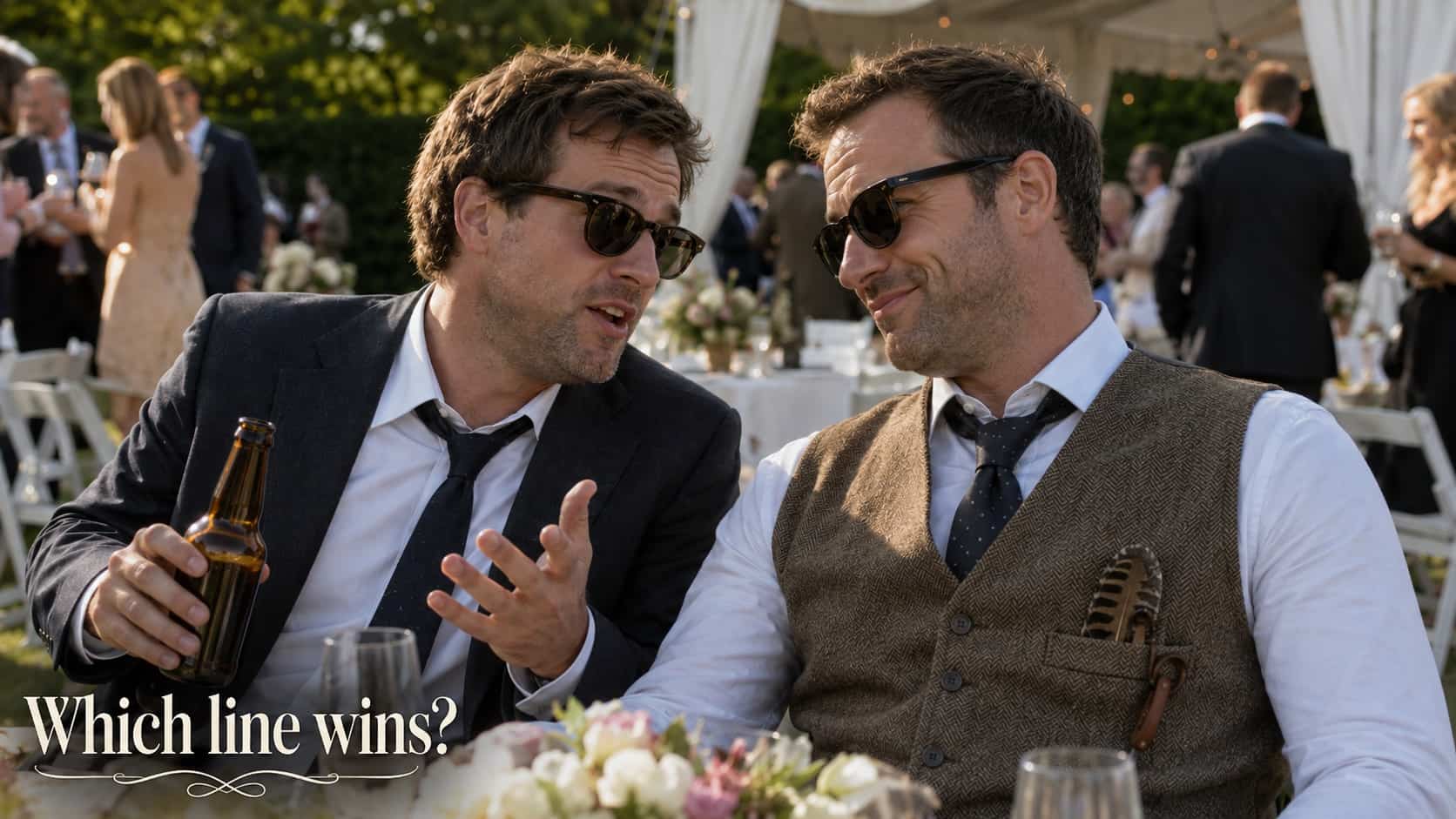 Two men in suits with sunglasses chat over drinks at an outdoor wedding party.