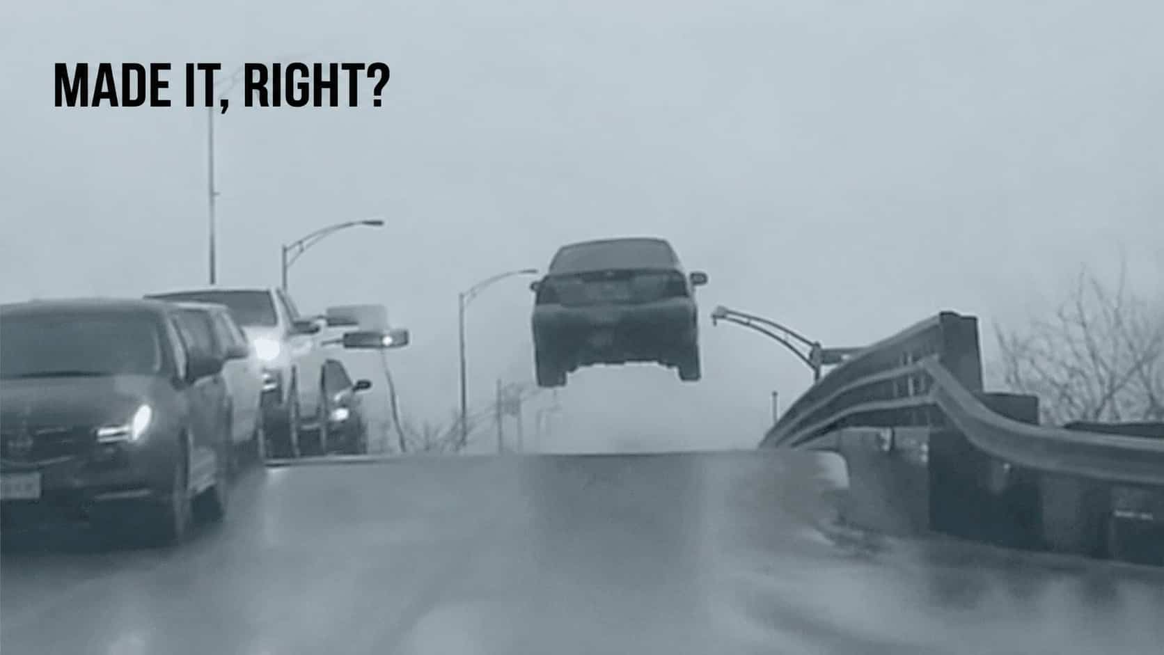 Car flying through midair on highway near traffic with work tweets overlay text.