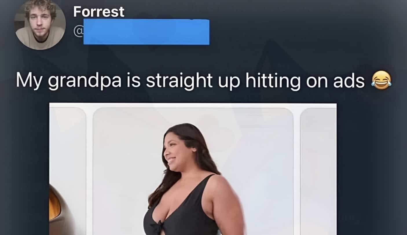 Funny meme tweet text about a grandpa hitting on online swimsuit advertisement models.