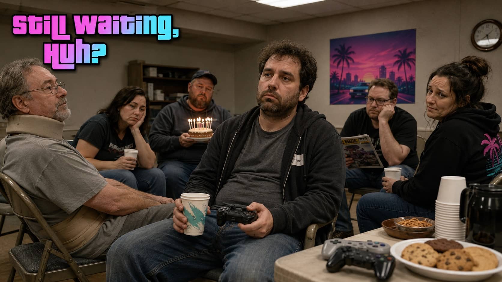 Tired gamers holding a controller and waiting for GTA 6 release with text overlay.