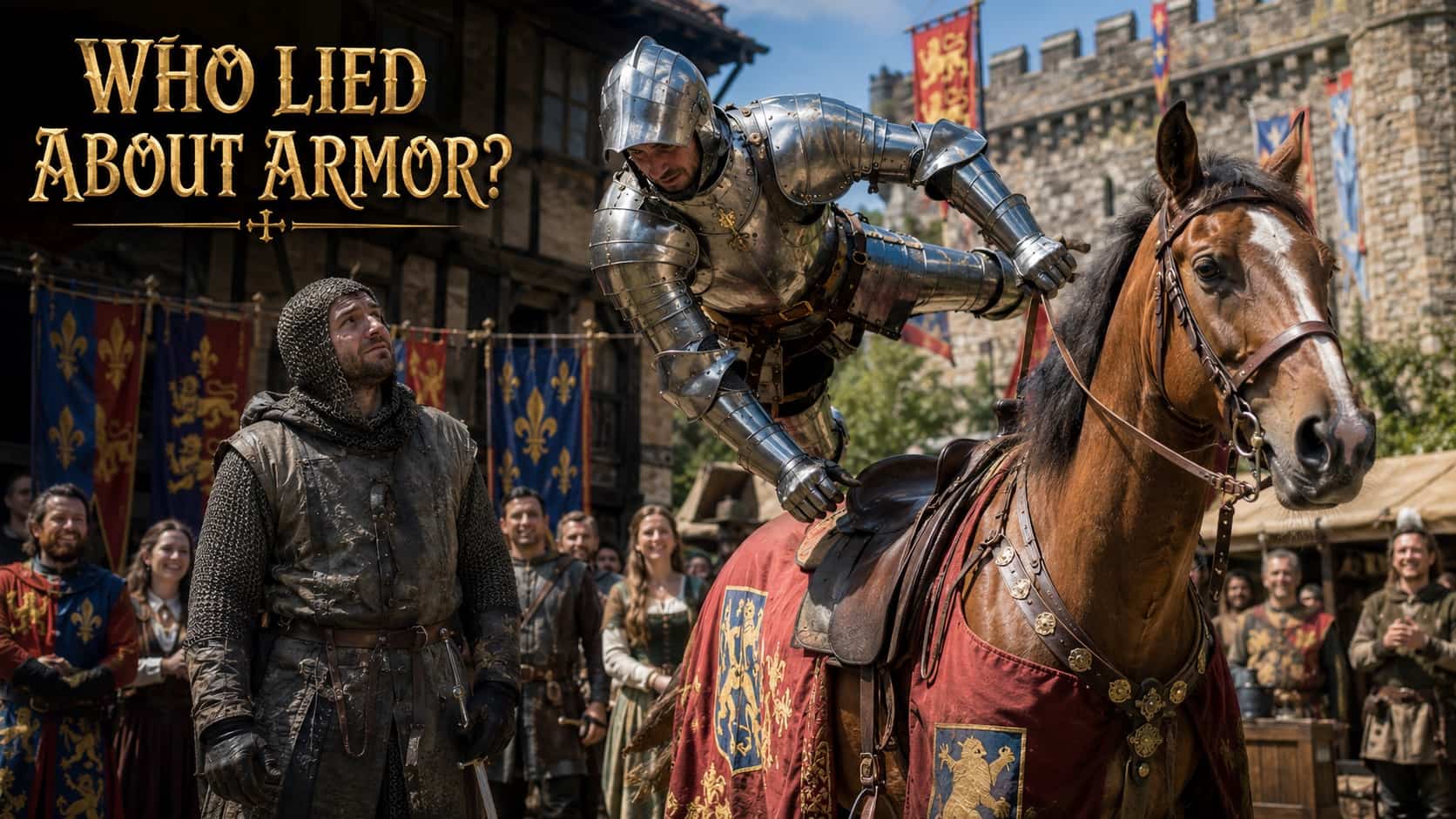 Knight in full plate armor performing acrobatic horse stunt in funny medieval history memes scene.
