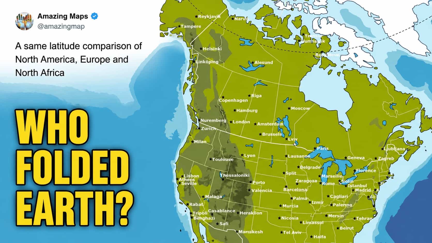Map overlaying North American, European, and North African cities at the same geographic latitude.