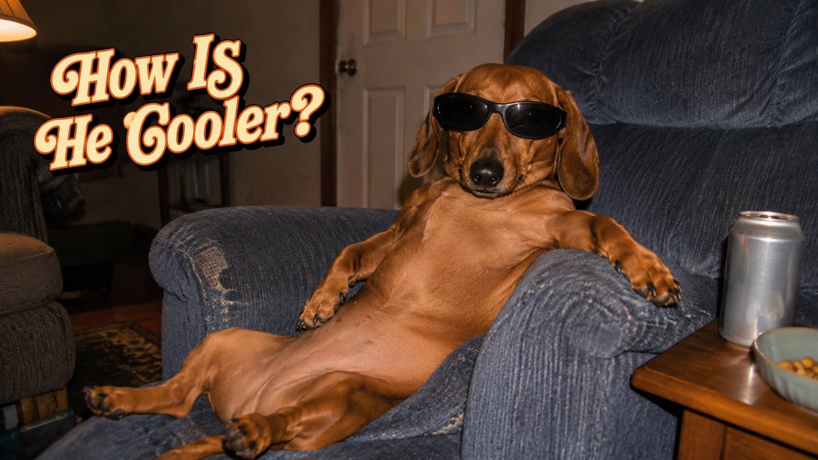 A dachshund wearing sunglasses relaxes on a blue armchair, proving he belongs among cool animals.