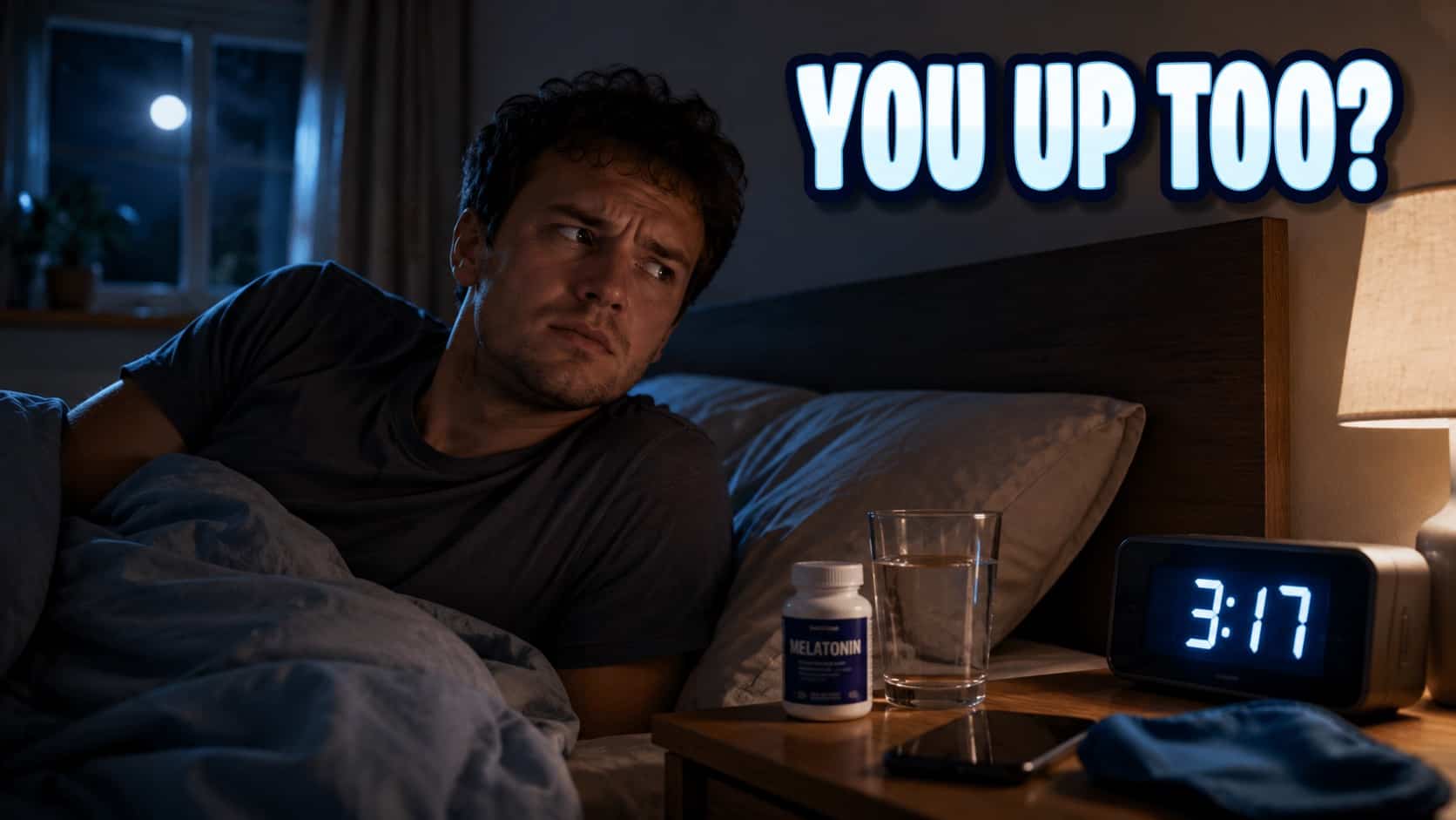 Awake young man lying in bed at night near alarm clock, showcasing relatable sleep memes.