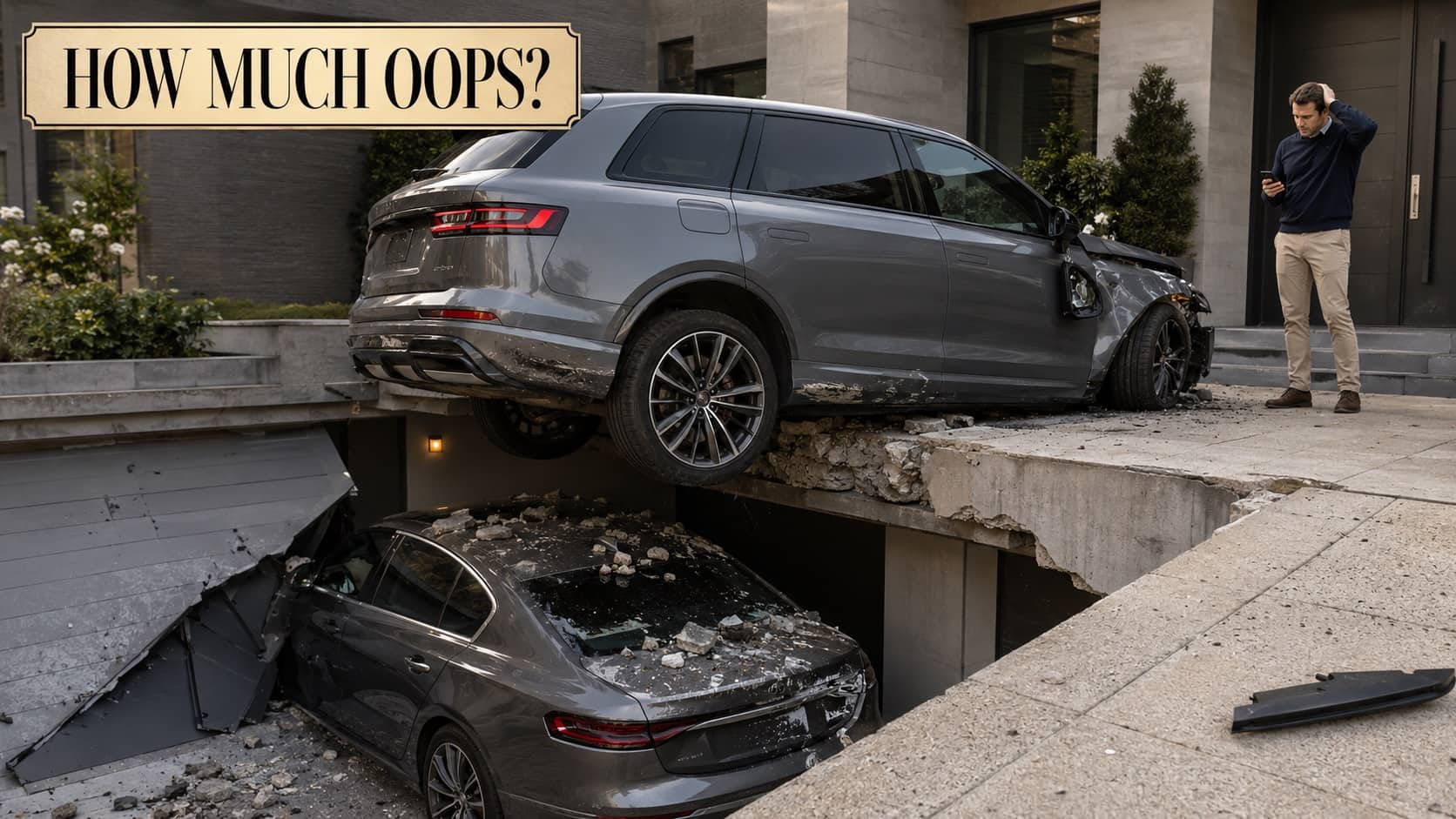 Grey SUV crashed through a concrete driveway onto another car parked in the garage.