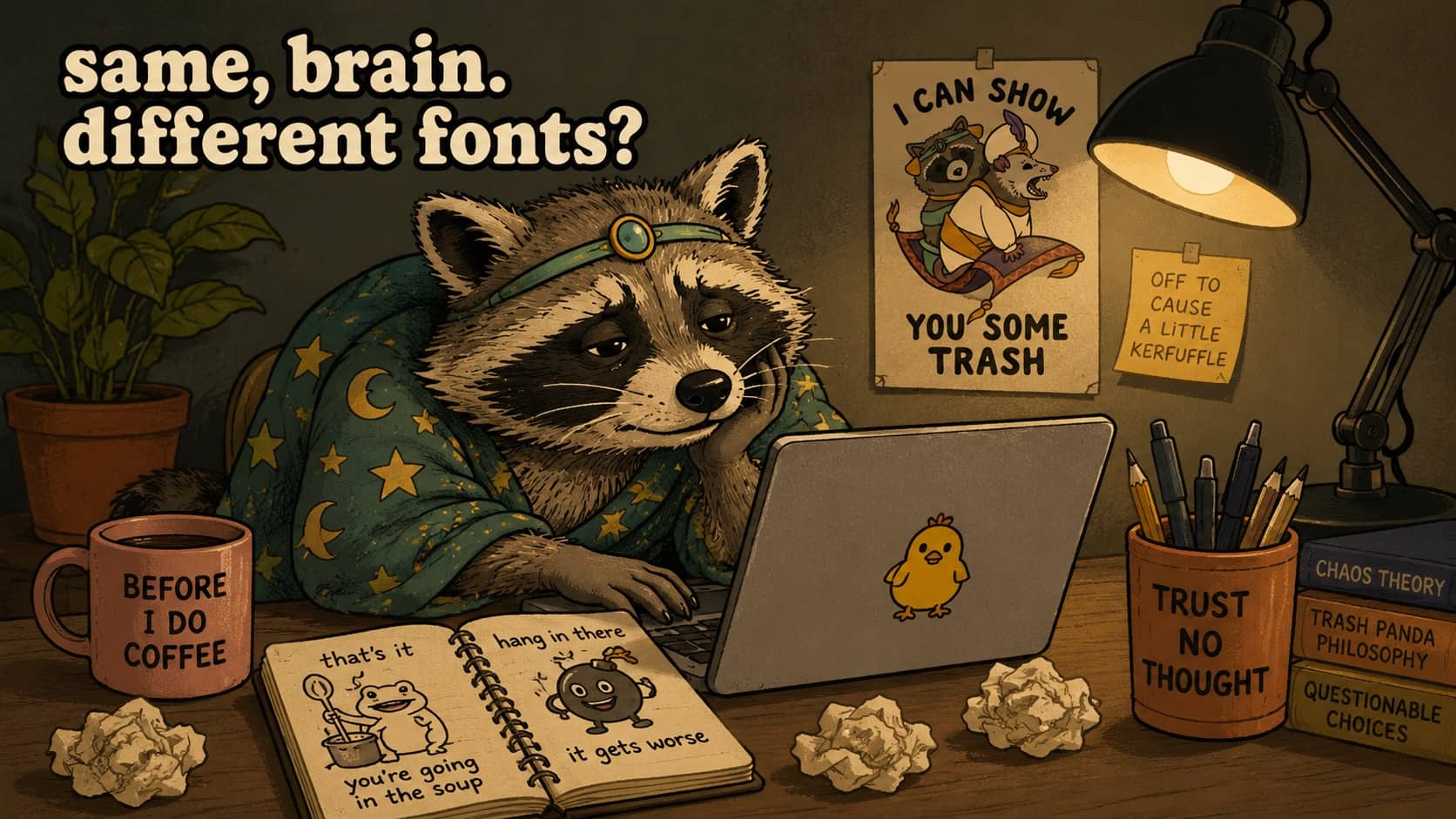 Tired wizard raccoon at a laptop surrounded by funny notes with text overlay.