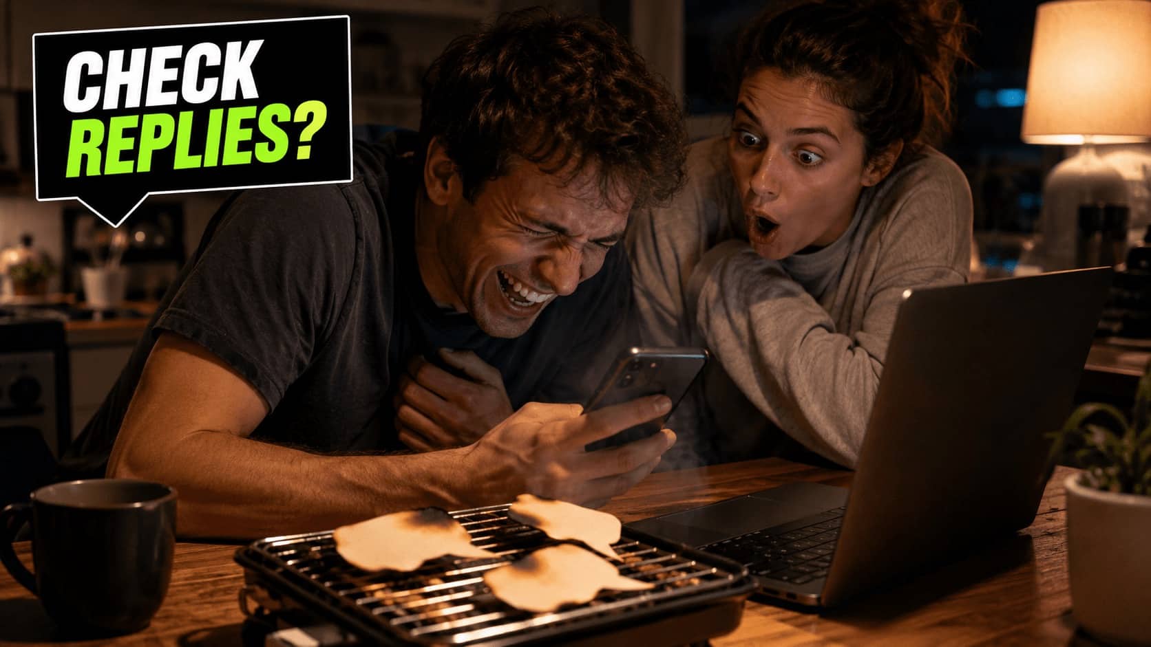Man and woman laughing hysterically at savage comments on a smartphone while ignoring burnt food.
