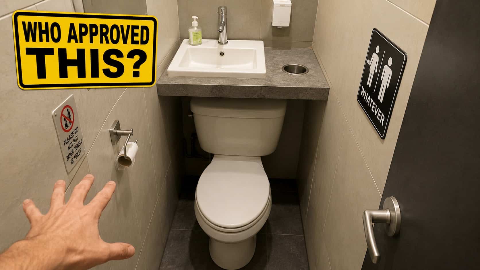 Small restroom stall featuring a sink counter installed directly above toilet in worst bathroom designs.