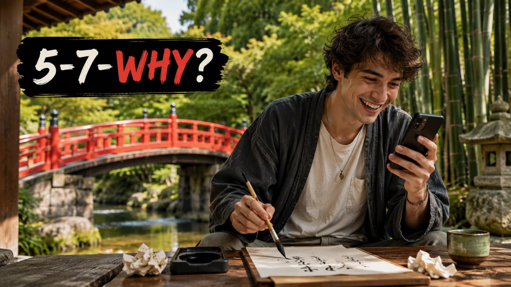 Smiling man looking at his smartphone while writing with a traditional calligraphy brush outdoors.