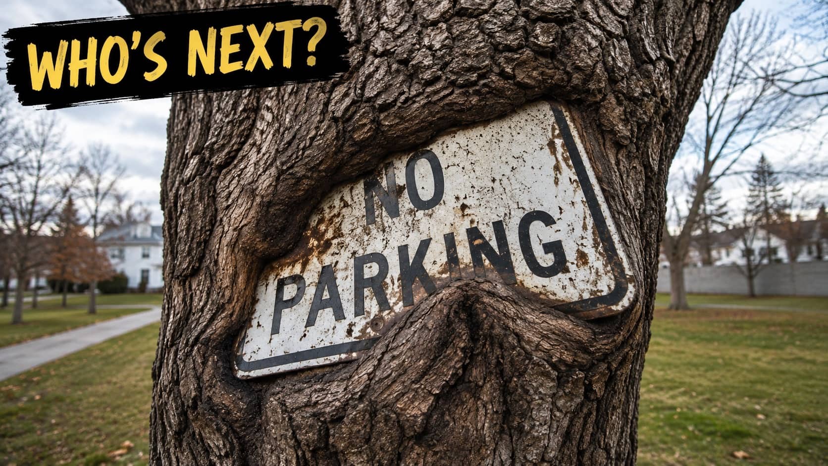 Funny trees eating things scene showing a metal no parking sign swallowed by tree bark.
