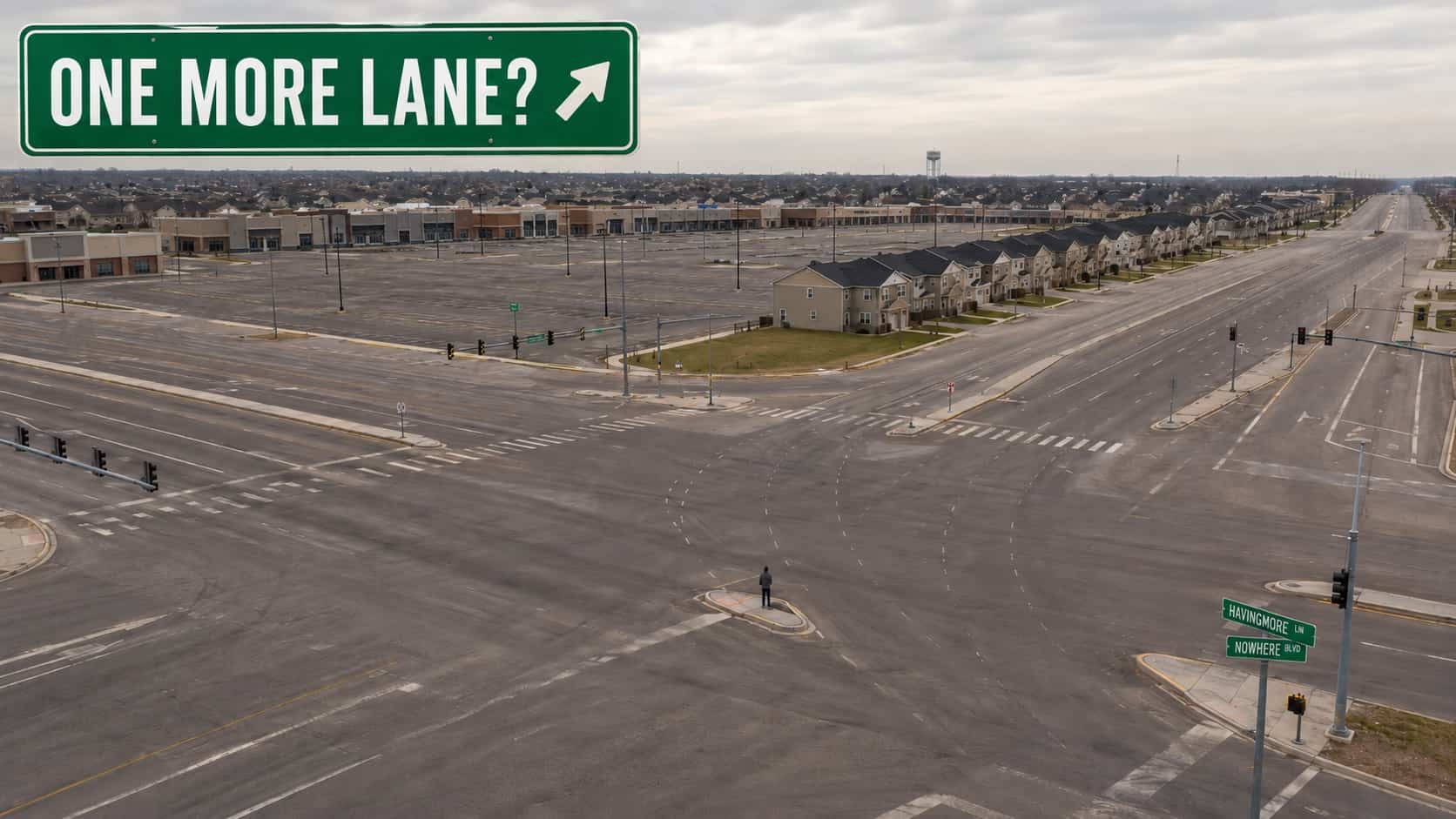 Lone pedestrian standing in middle of massive empty asphalt road intersection showing urban hellscape meme.