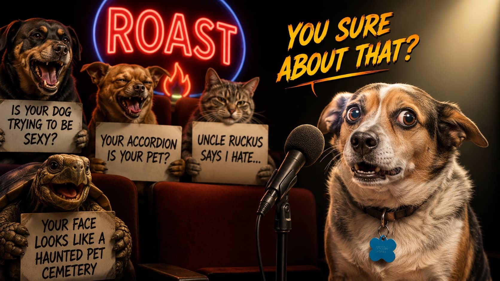 Anxious dog at a microphone being roasted by other animals holding signs under text You Sure.