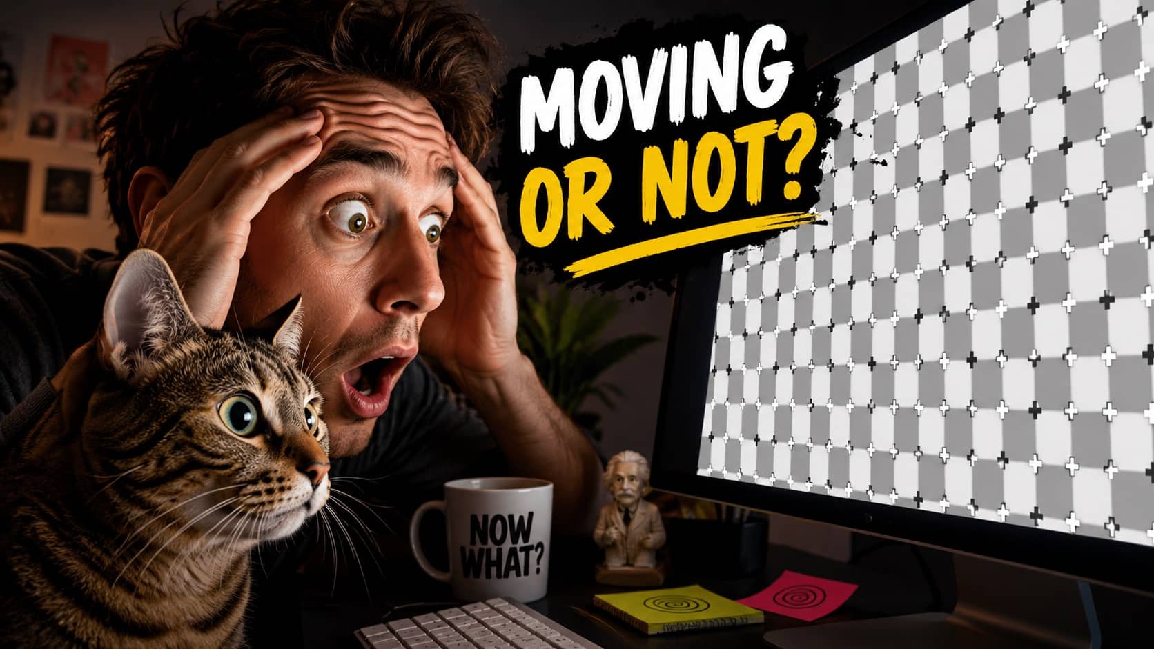 Mind-bending optical illusion meme with a shocked guy and cat staring at a moving checkerboard pattern.