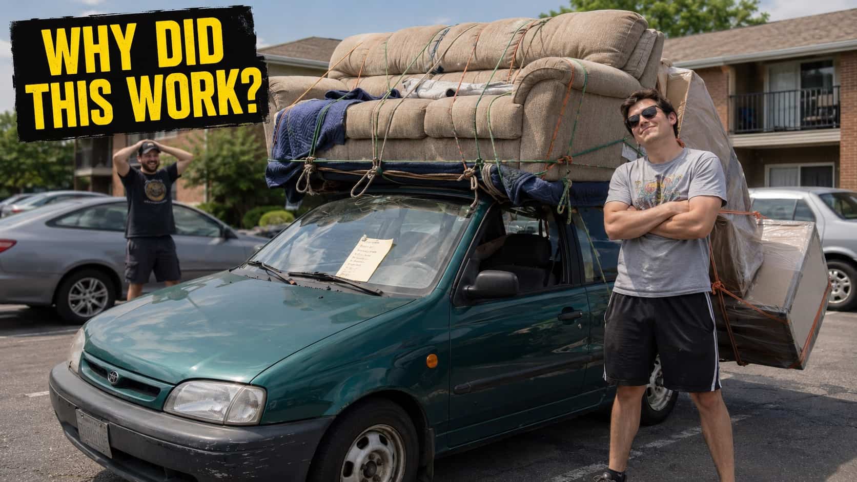 Man beside small car with massive couch strapped on top for dumb ideas that worked.