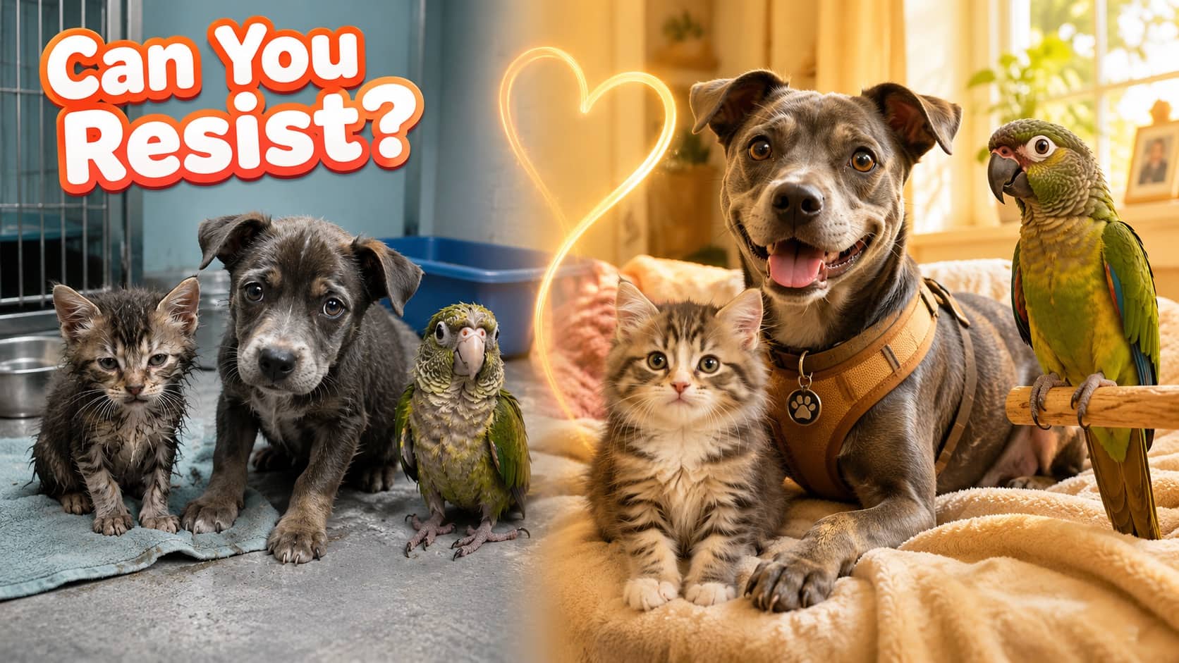Split view comparison showing a kitten, puppy, and parrot before and after adoption.