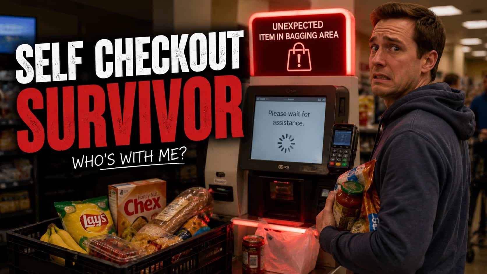 Stressed shopper holding groceries at a self checkout machine with unexpected item warning.