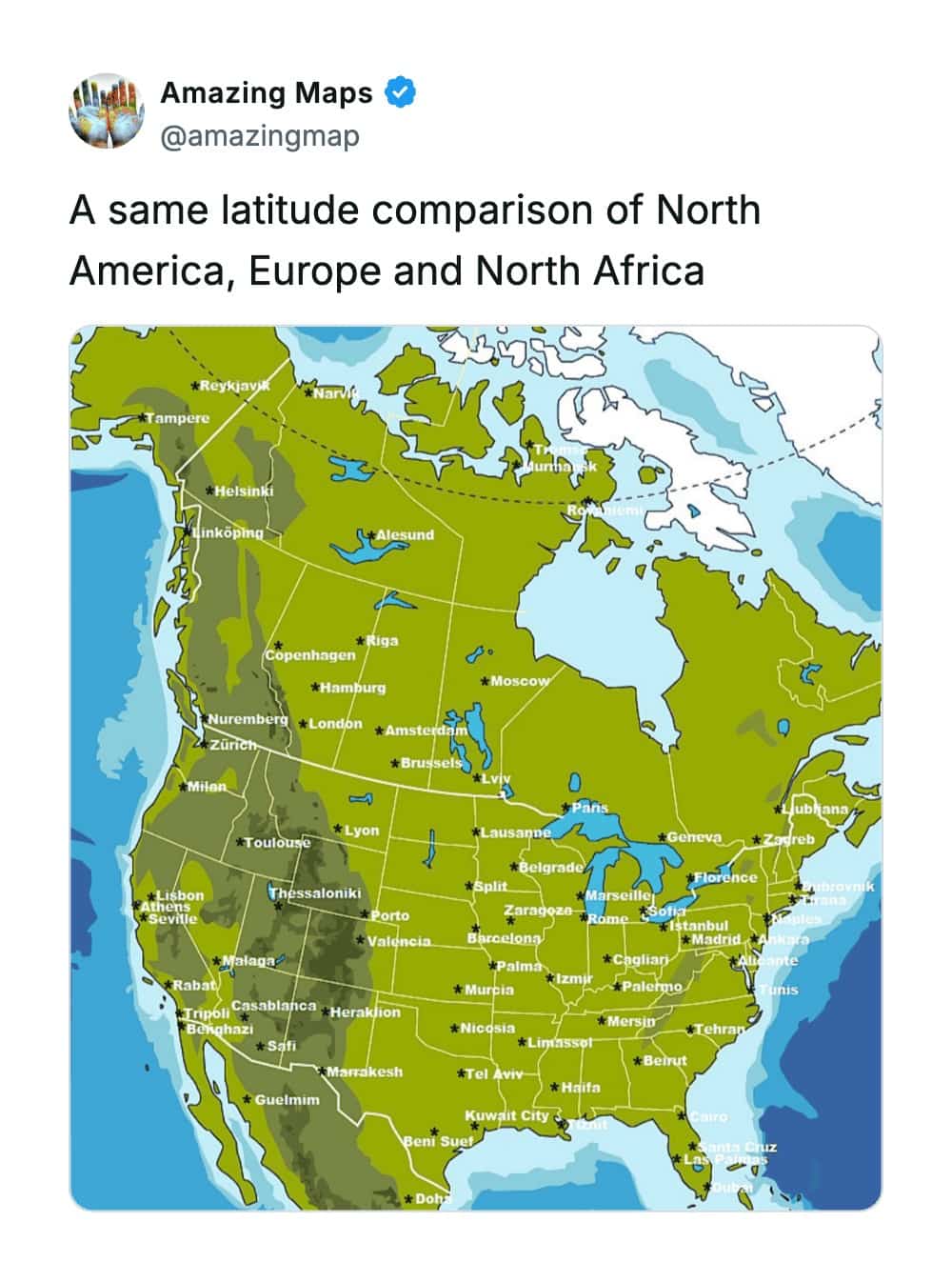 Map overlay matching North American locations with European and North African cities at identical latitudes