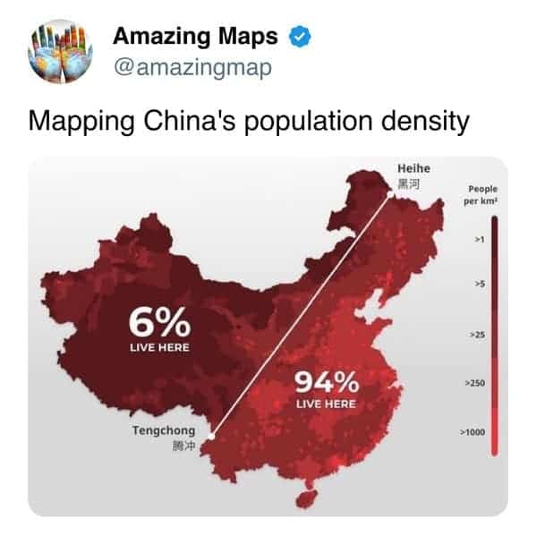 Population density map of China highlighting dramatic demographic division across the Heihe Tengchong Line.